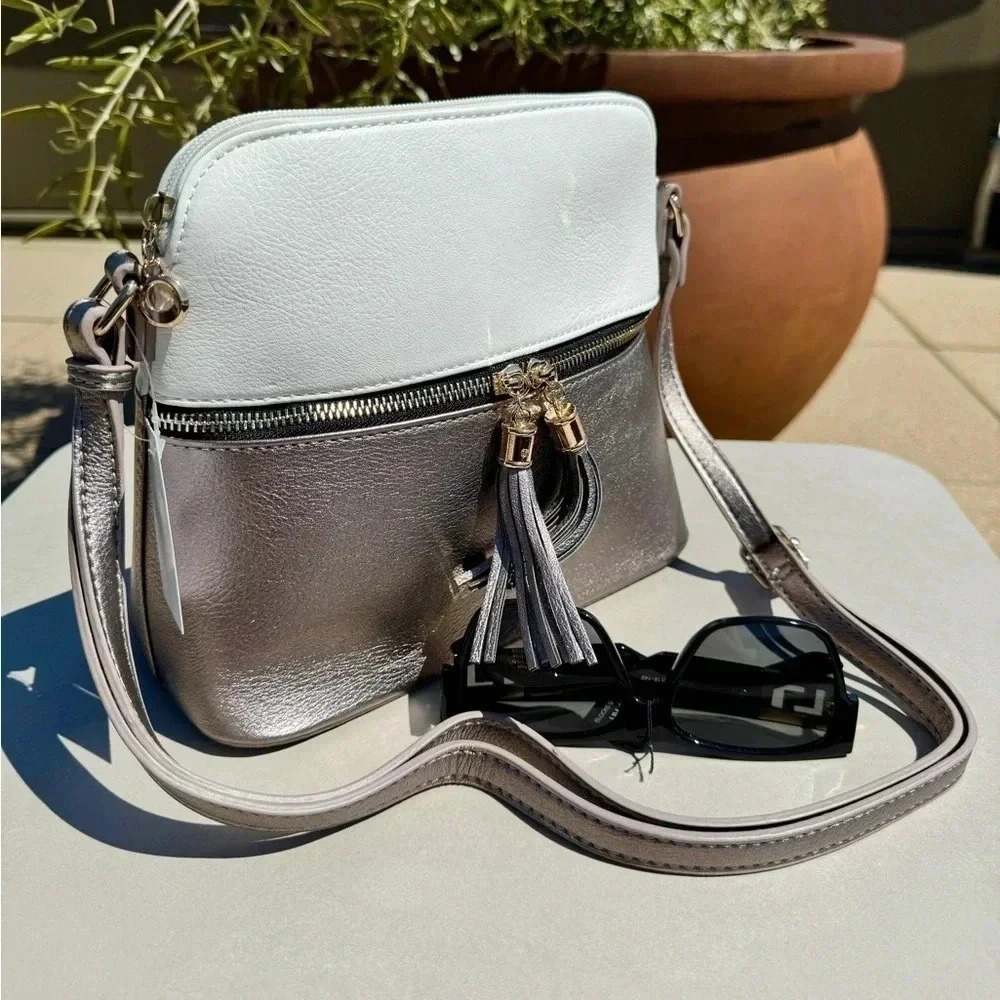 NWT Crossbody Tassel Zipper Puller Accent Two Tone Bag WHITE - Picture 6 of 13